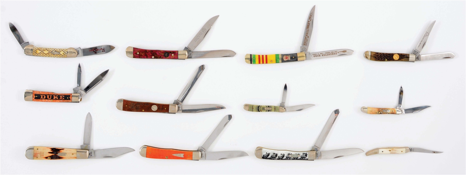 LOT OF 12: CASE KISSING CRANE - HEN AND ROOSTER FOLDING KNIVES.