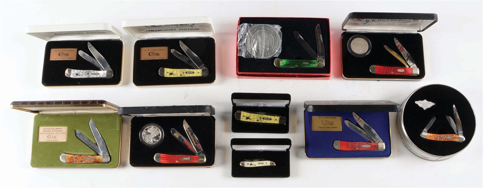 LOT OF 10: COMMEMORATIVE AND COLLECTORS KNIVES IN FACTORY TINS AND DISPLAY BOXES.