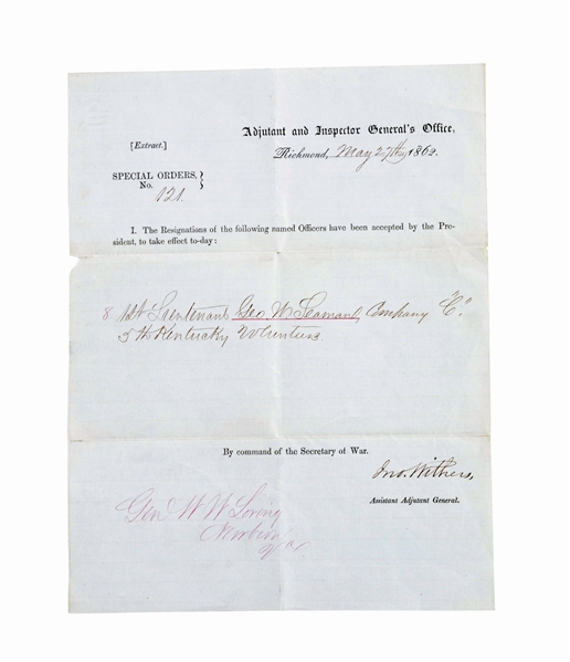 DESIRABLE CONFEDERATE DISCHARGE PAPERS SIGNED BY ASSISTANT ADJUTANT GENERAL WITHER AND WILLIAM LORING FOR THE RESIGNATION OF FIRST LIEUTENANT GEO. W. SEAMAN, 5TH KENTUCKY VOLUNTEERS, COMPANY C.