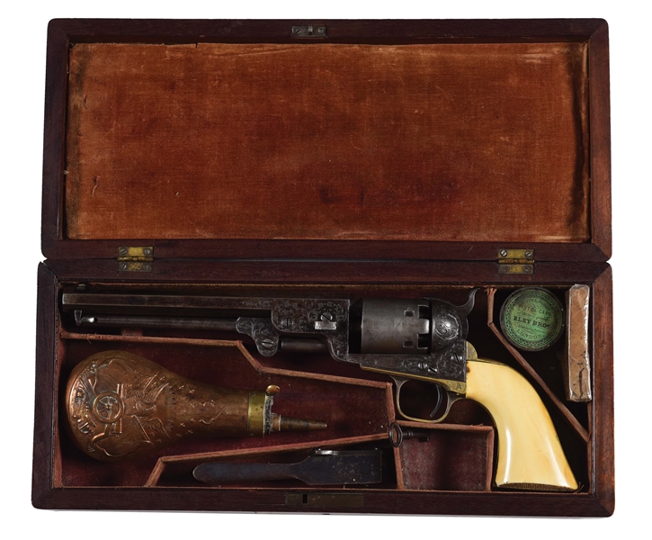 (A) ENGRAVED COLT 1851 NAVY PERCUSSION REVOLVER CASED WITH ACCESSORIES.