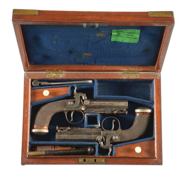 (A) A FINE CASED PAIR OF ENGLISH PERCUSSION BELT PISTOLS BY WILLIAM POWELL OF BIRMINGHAM AND OWNED BY THOMAS PERKINS, BRUSHMAKER, AND HEADBOROUGH OF BIRMINGHAM, 1838-1839.