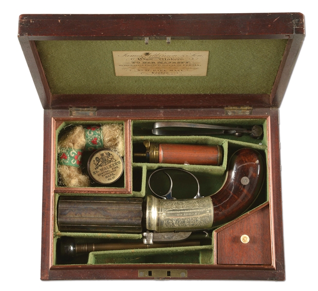 (A) A VERY FINE ENGLISH PERCUSSION SIX SHOT PEPPERBOX BY WILKINSON AND SON, PALL MALL, LONDON, CIRCA 1839, CASED WITH ALL ACCESSORIES.