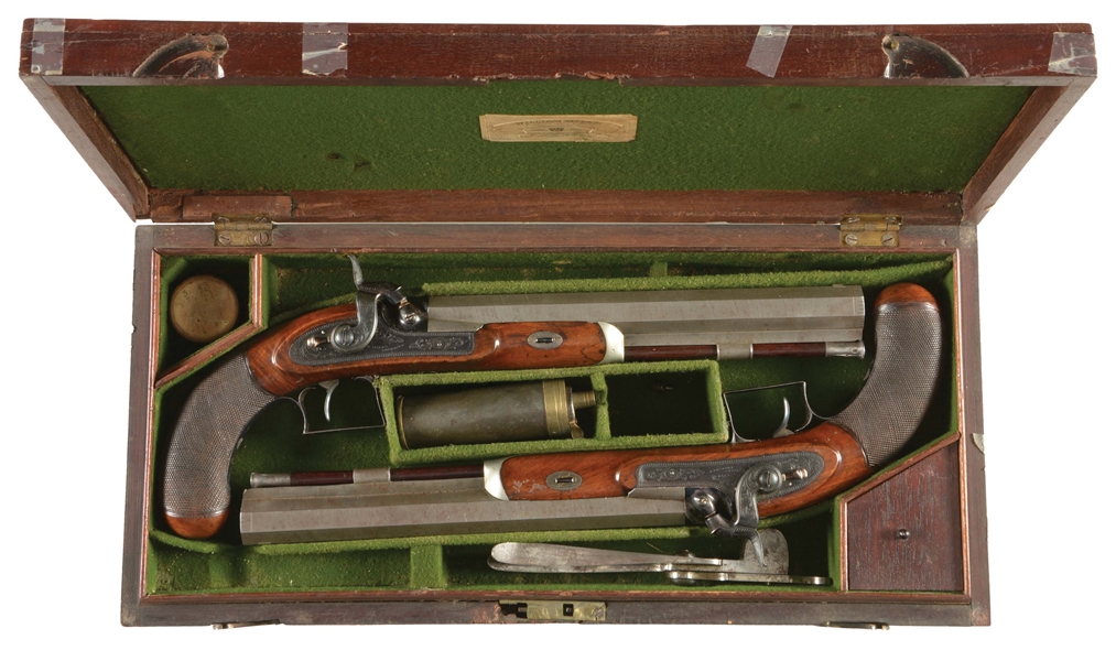 (A) A GOOD CASED SET OF ENGLISH PERCUSSION RIFLED DUELING PISTOLS BY WILLIAM F. MILLS, 120 HIGH HOLBORN STREET, CIRCA 1830.