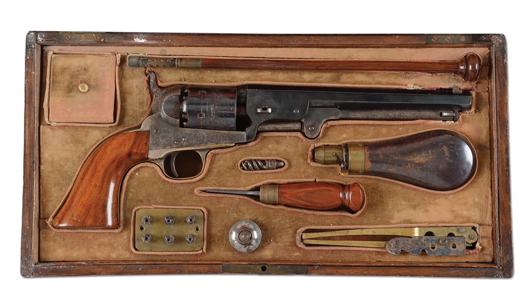 (A) FINE COLT BREVETTE 1851 NAVY REVOLVER WITH CASE AND ACCESSORIES.
