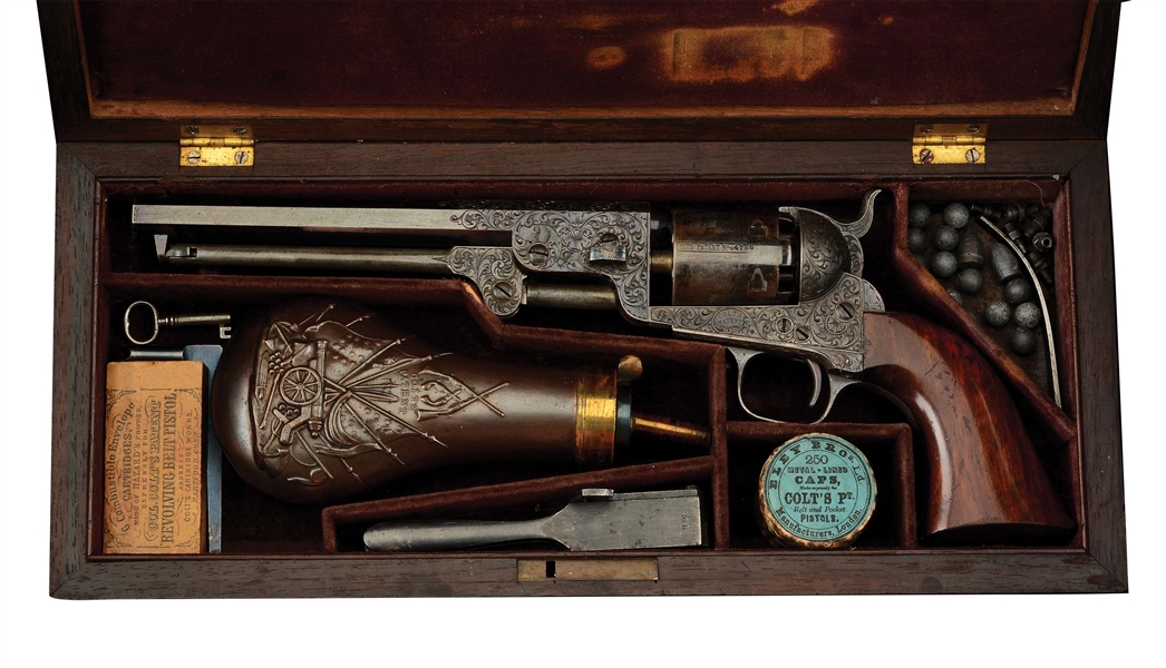 (A)  MAGNIFICENT, CASED GUSTAVE YOUNG ENGRAVED PRESENTATION COLT MODEL 1851 NAVY REVOLVER