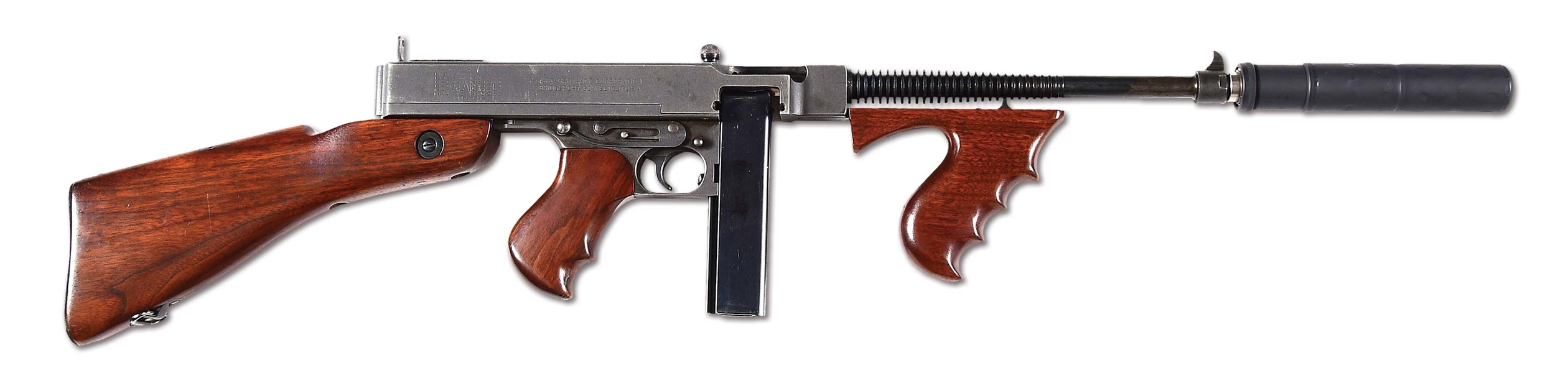 (N) AUTO ORDNANCE BRIDGEPORT 1928 THOMPSON SPECIALLY FITTED WITH CUSTOM MADE FRONT SIGHT AND KNIGHT’S ARMAMENT SILENCER (CURIO & RELIC).