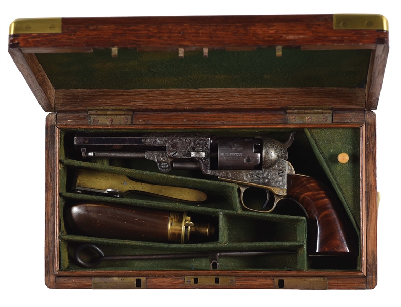 (A) PRESENTATION GRADE GUSTAVE YOUNG ENGRAVED AND CASED COLT MODEL 1849 POCKET PERCUSSION REVOLVER.