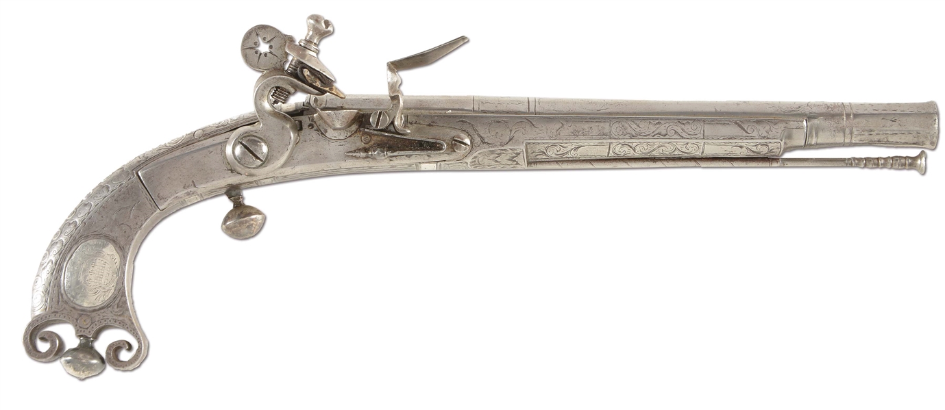 (A) A FINE AND HISTORIC PRE-CULLODEN ALL STEEL SCOTTISH FLINTLOCK BELT PISTOL WITH SILVER HERALDIC CREST OF THE STEWART CLAN WITH THE MOTTO "CORDE ET MANU", OWNED BY GORDON STEWART.