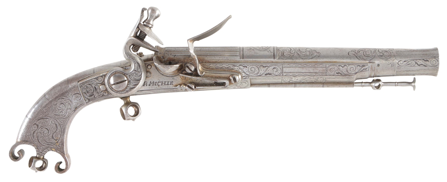 (A) A RARE AND DESIRABLE MID-18TH CENTURY SCOTTISH ALL STEEL FLINTLOCK RAMSHORN BUTT PISTOL BY JOHN A MICHIE.