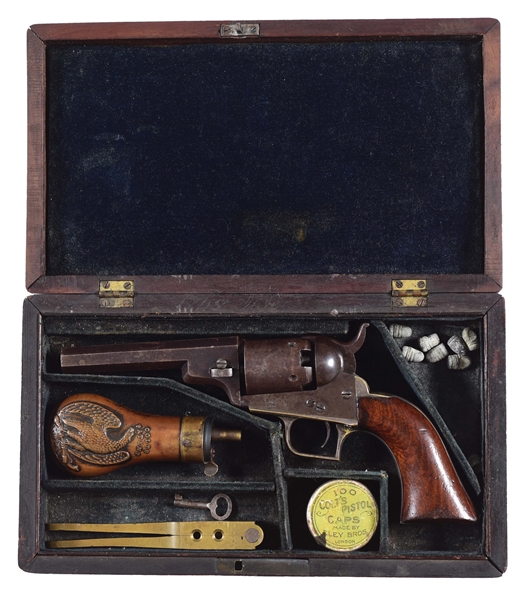 (A) FINE AND RARE COLT BABY DRAGOON PERCUSSION REVOLVER WITH CASE AND ACCESSORIES.
