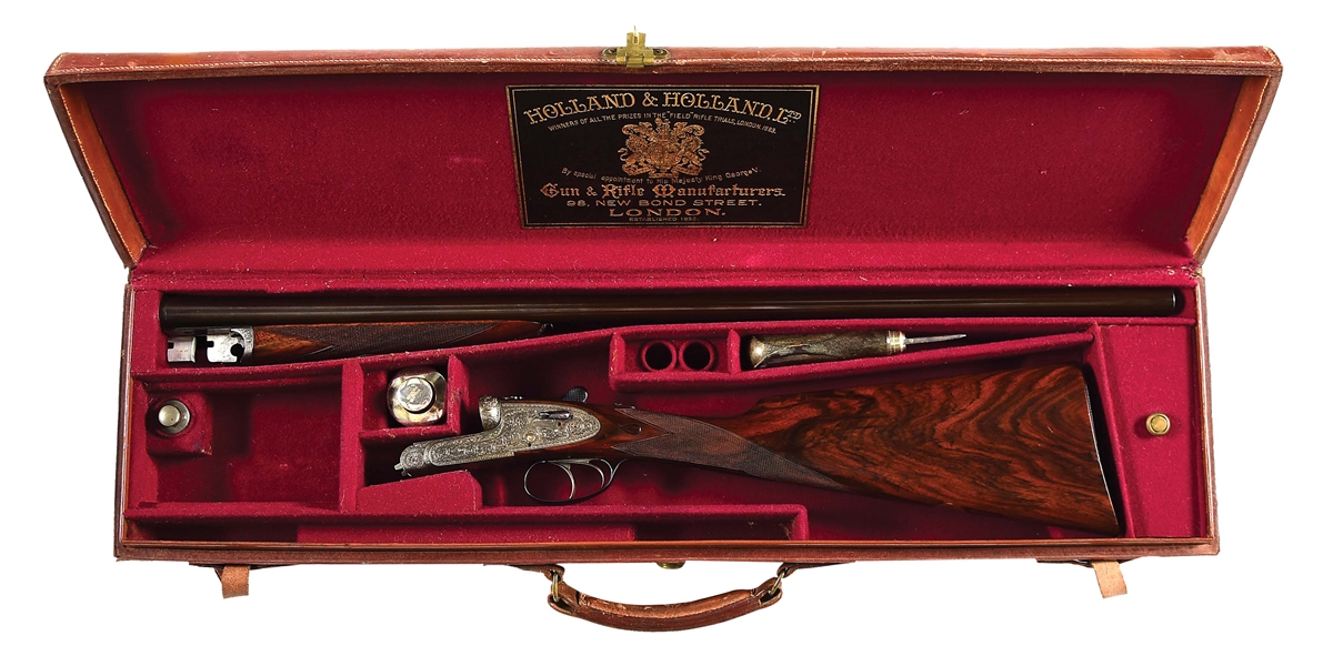 (C) FINE LITTLE LIGHTWEIGHT HOLLAND & HOLLAND 16 GAUGE "ROYAL" SIDELOCK EJECTOR SELF-OPENING DOUBLE TRIGGER GAME SHOTGUN WITH CASE AND ACCESSORIES.