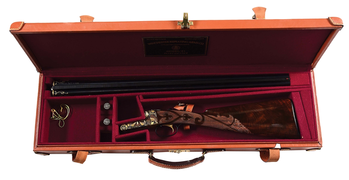 (M) 20 GAUGE CSMC MODEL 21 SHOTGUN WITH PROFUSE MULTI-COLORED RELIEF AND FLUSH GOLD INLAY OF QUAIL BY CAPECE WITH CASE.