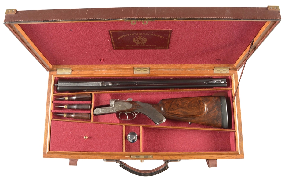 (M) DUMOULIN "PIONNIER" SIDEPLATED BOXLOCK EJECTOR DANGEROUS GAME (.470 NITRO) DOUBLE RIFLE WITH RELIEF SCROLL AND BULINO GAME SCENES BY GROJEAN, INCLUDING CASE AND ACCESSORIES. 