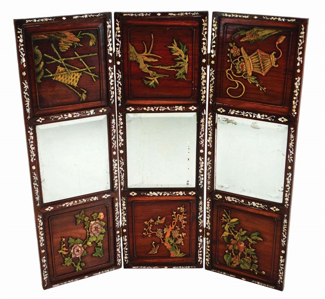 CHINESE ROSEWOOD THREE-PANEL SCREEN WITH MOTHER OF PEARL INLAY.