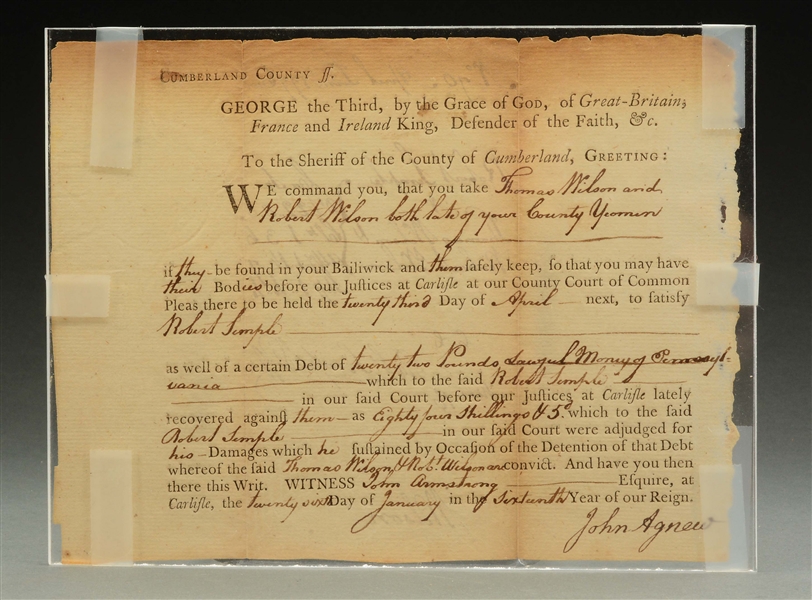DOCUMENT SIGNED BY JOHN AGNEW OF CARLISLE, DATED 1776.