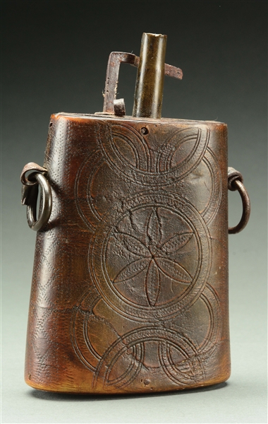 ENGRAVED HORN POWDER FLASK, POSSIBLY BUCKS COUNTY.