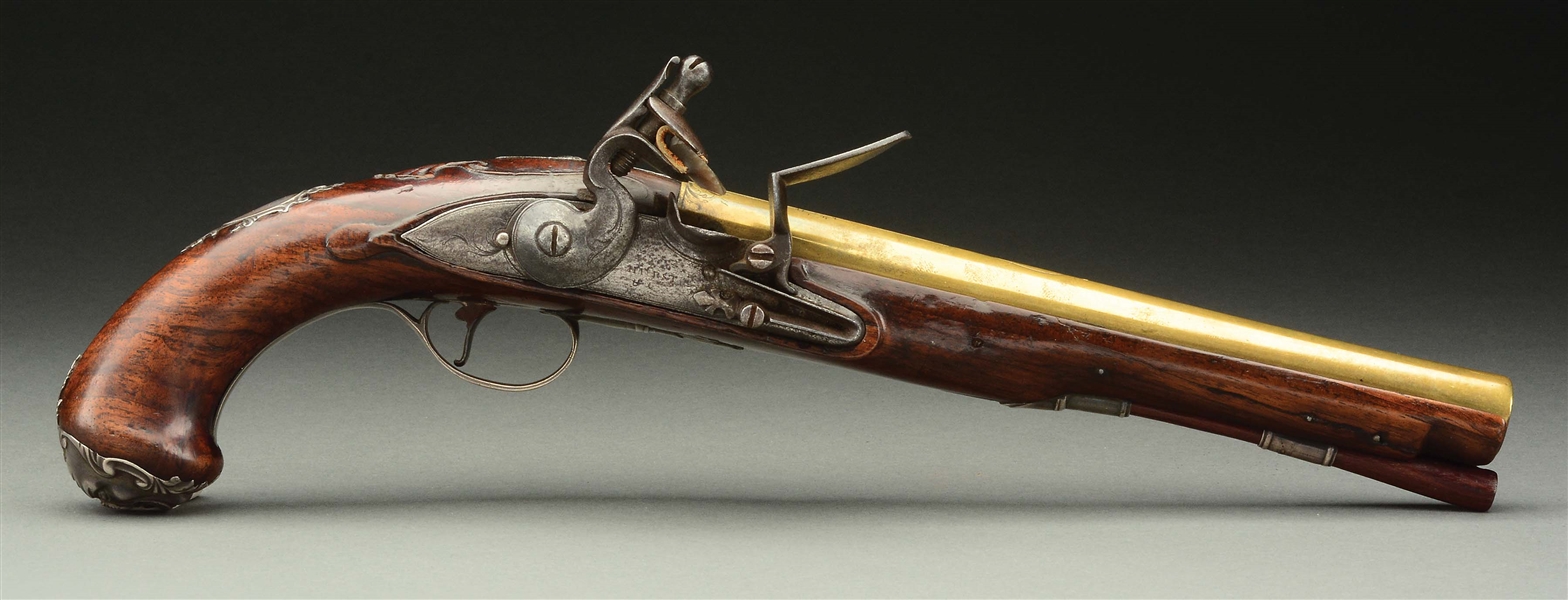 (A) BRITISH BRASS BARRELED SILVER MOUNTED OFFICERS PISTOL BY GRICE.