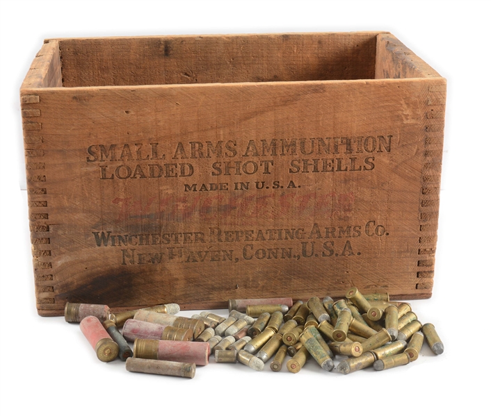 LARGE LOT OF AMMUNITION IN WOODEN CRATE.