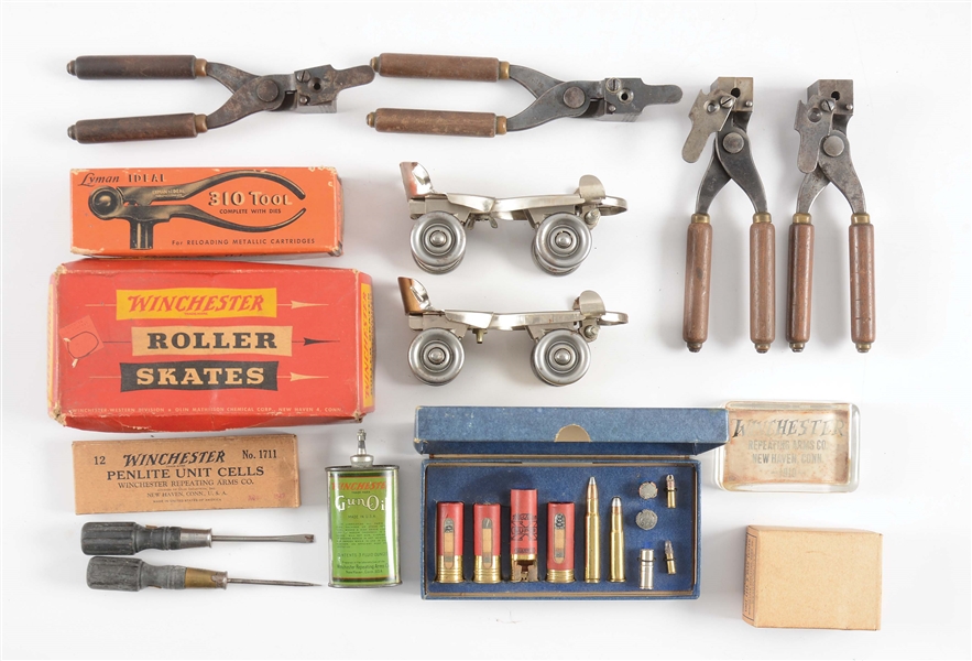 MIXED LOT OF RELOADING TOOLS, ROLLER SKATES AND SHELLS.