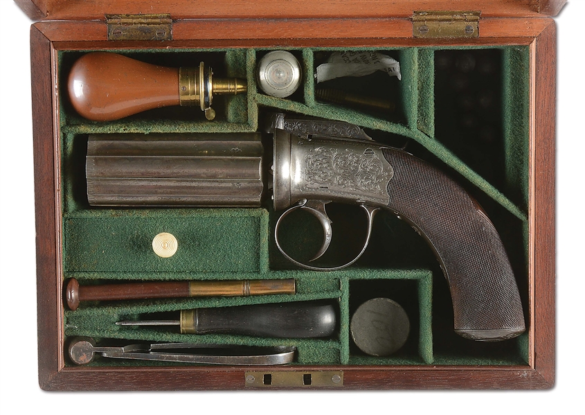 (A) GOOD CASED ENGLISH PERCUSSION PEPPERBOX, UNSIGNED, OWNED BY J.G. JONES - THE BANDMASTER OF THE 16TH LANCERS.