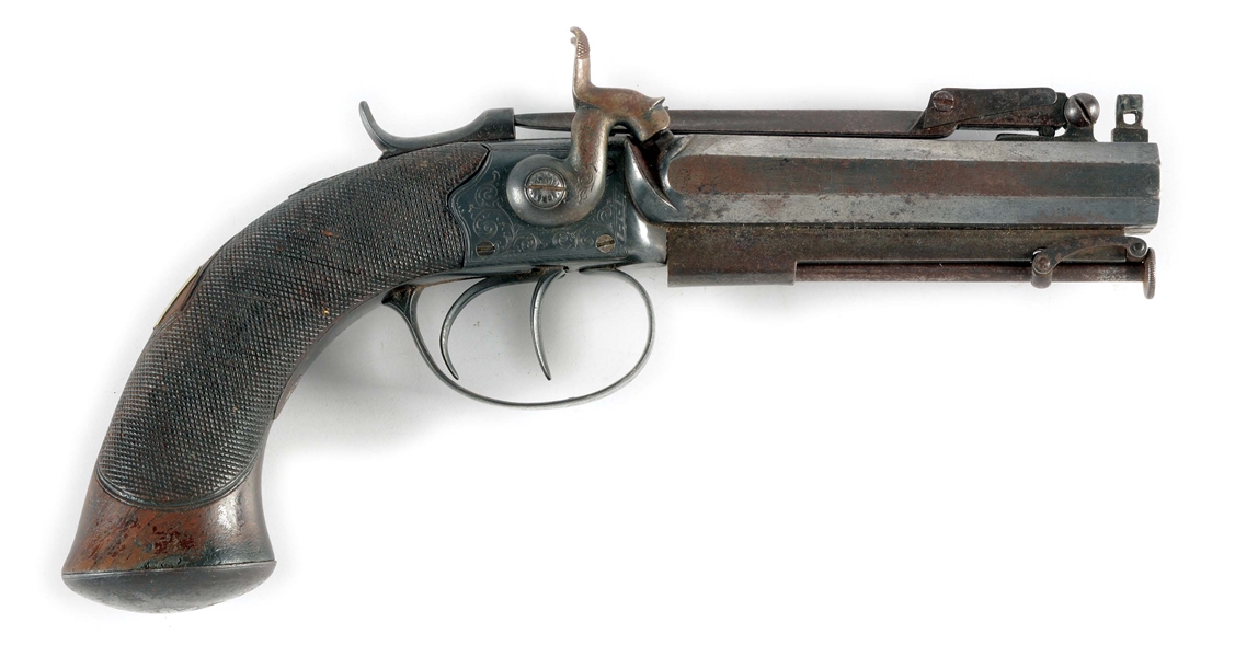 (A) ENGLISH BAYONETTED DOUBLE BARREL PERCUSSION PISTOL.