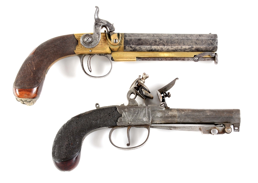 (A) LOT OF 2: PERCUSSION BELT PISTOL WITH BRASS FRAME AND BOXLOCK FLINTLOCK PISTOL WITH SNAP BAYONET.