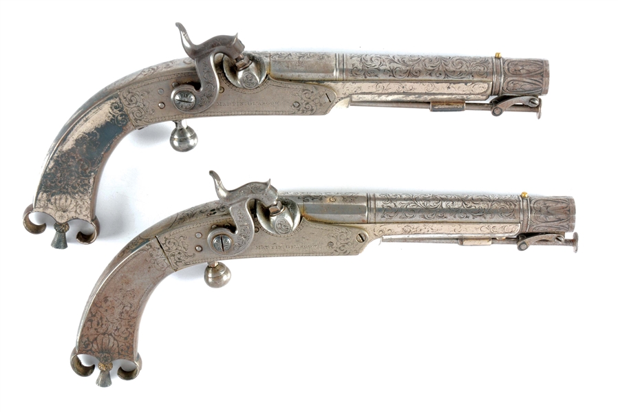 (A) PAIR OF SCOTTISH HIGHLAND RAMS HORN BUTT PERCUSSION DRESS PISTOLS BY ALEXANDER MARTIN OF GLASGOW, CIRCA 1850.