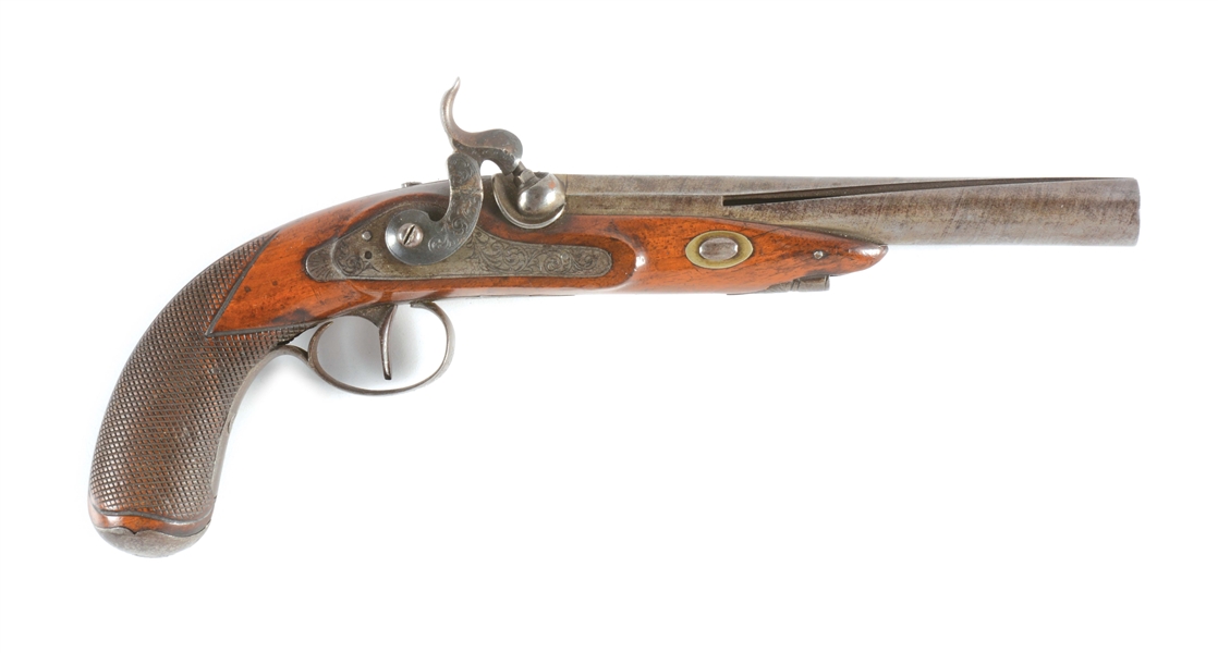 (A) CONTINENTAL PERCUSSION PISTOL CIRCA 1850 WITH OCTAGONAL TO ROUND BARREL - MODIFIED FOR ARROW SHOOTING.