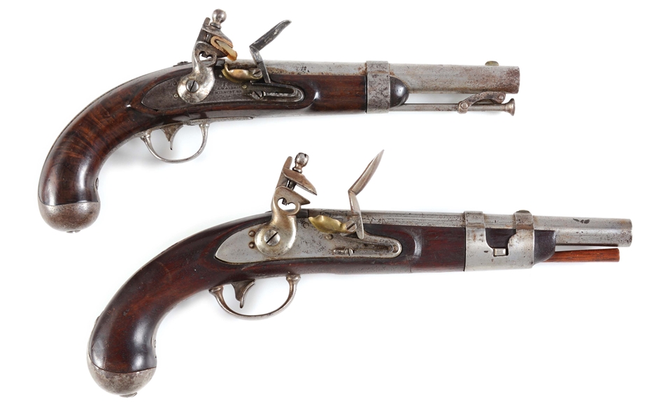 (A) LOT OF TWO: SIMEON NORTH 1816 AND WATERS 1836 FLINTLOCK PISTOLS.