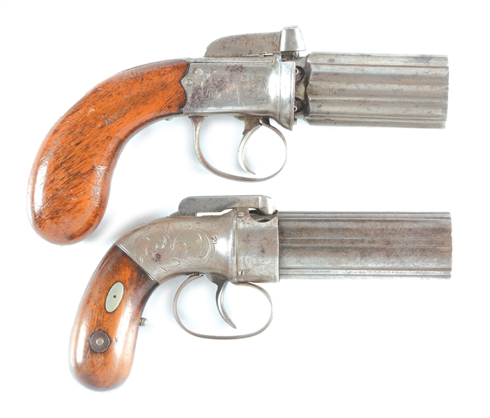 (A) LOT OF TWO PERCUSSION PEPPERBOXES: ONE ENGLISH BY D. EGG AND ONE ALLEN.