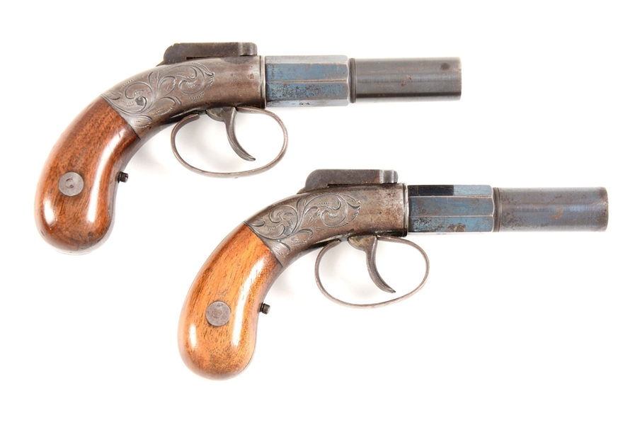 (A) CONSECUTIVE PAIR OF ALLEN AND THURBER SINGLE SHOT PERCUSSION BAR HAMMER PISTOLS.