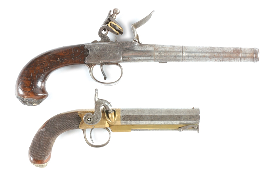 (A) LOT OF 2: FLINTLOCK AND PERCUSSION PISTOLS.