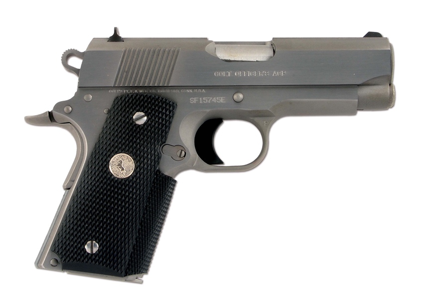 (M) BOXED STAINLESS COLT MK IV OFFICERS MODEL SEMI AUTOMATIC PISTOL.
