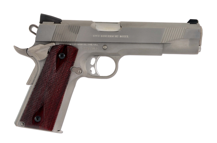 (M) BOXED STAINLESS COLT GOVERNMENT SEMI AUTOMATIC PISTOL.