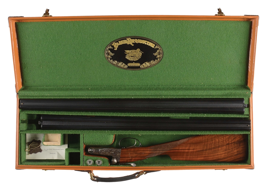 (C) PARKER REPRODUCTIONS DHE GRADE TWO BARREL SET 20 BORE SIDE BY SIDE SHOTGUN WITH CASE.