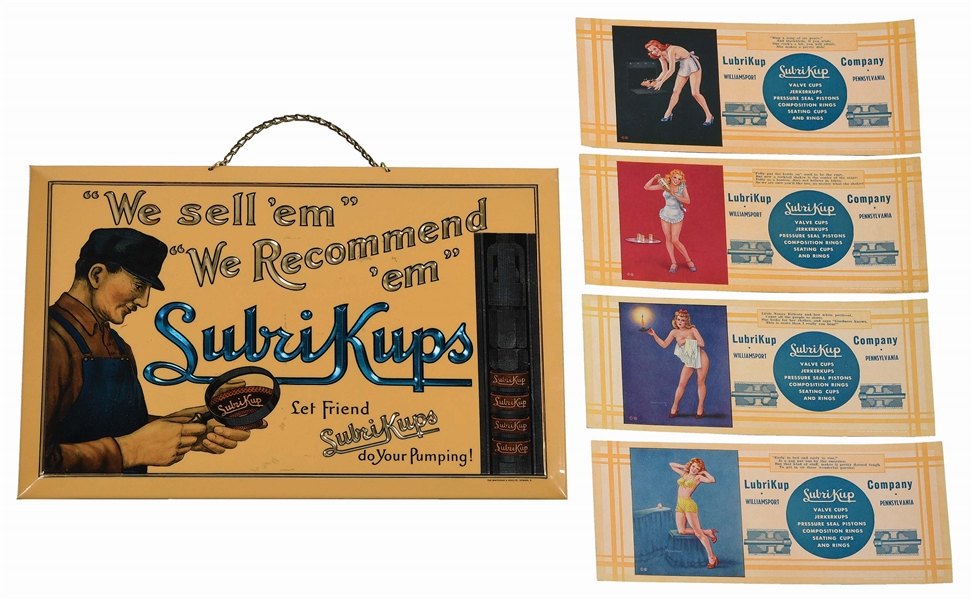OUTSTANDING NEW OLD STOCK LUBRIKUPS CELLULOID OVER CARDBOARD SIGN. 
