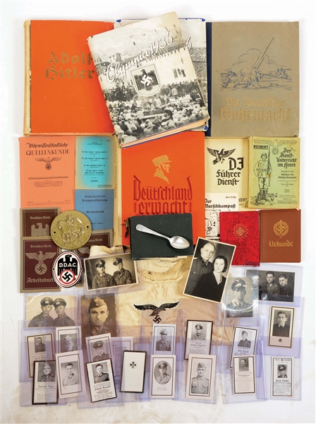 LOT OF 73: THIRD REICH PUBLICATIONS, DEATH CARDS, POSTCARDS, BOOKLETS, AND DOCUMENTS.