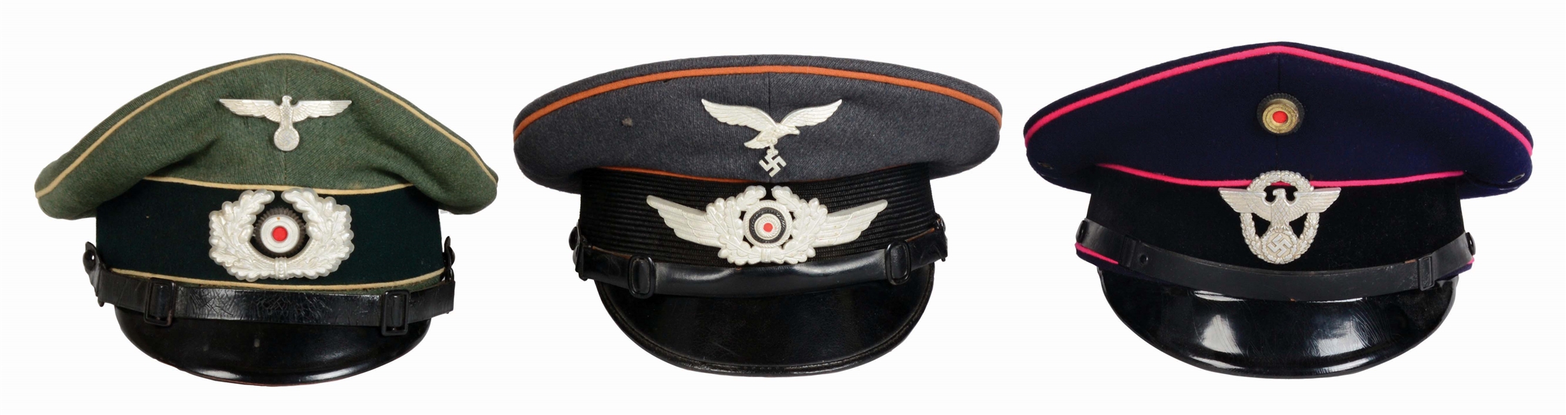 LOT OF THREE: THIRD REICH HEER, LUFTWAFFE, AND FIRE POLICE VISOR CAPS.