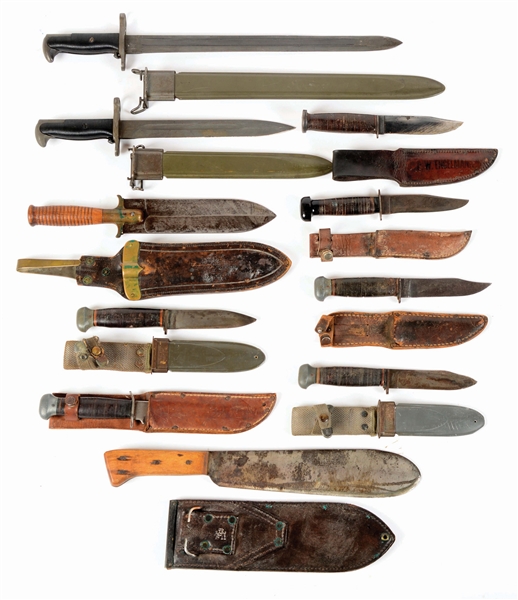 LOT OF 10: US WORLD WAR II KNIVES AND BAYONETS.