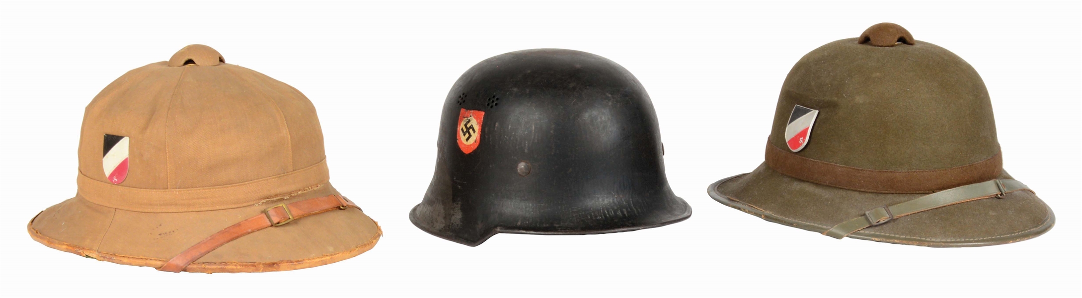 LOT OF 3: GERMAN WORLD WAR II M34 FIRE POLICE AND BOTH HEER AND KRIEGSMARINE PITH HELMETS.PITH HELMETS.