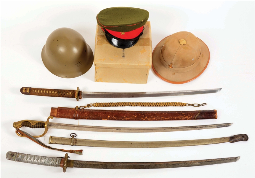 LOT OF 6: JAPANESE WORLD WAR II OFFICER VISOR HAT, PITH HELMET, HELMET, AND SWORDS.