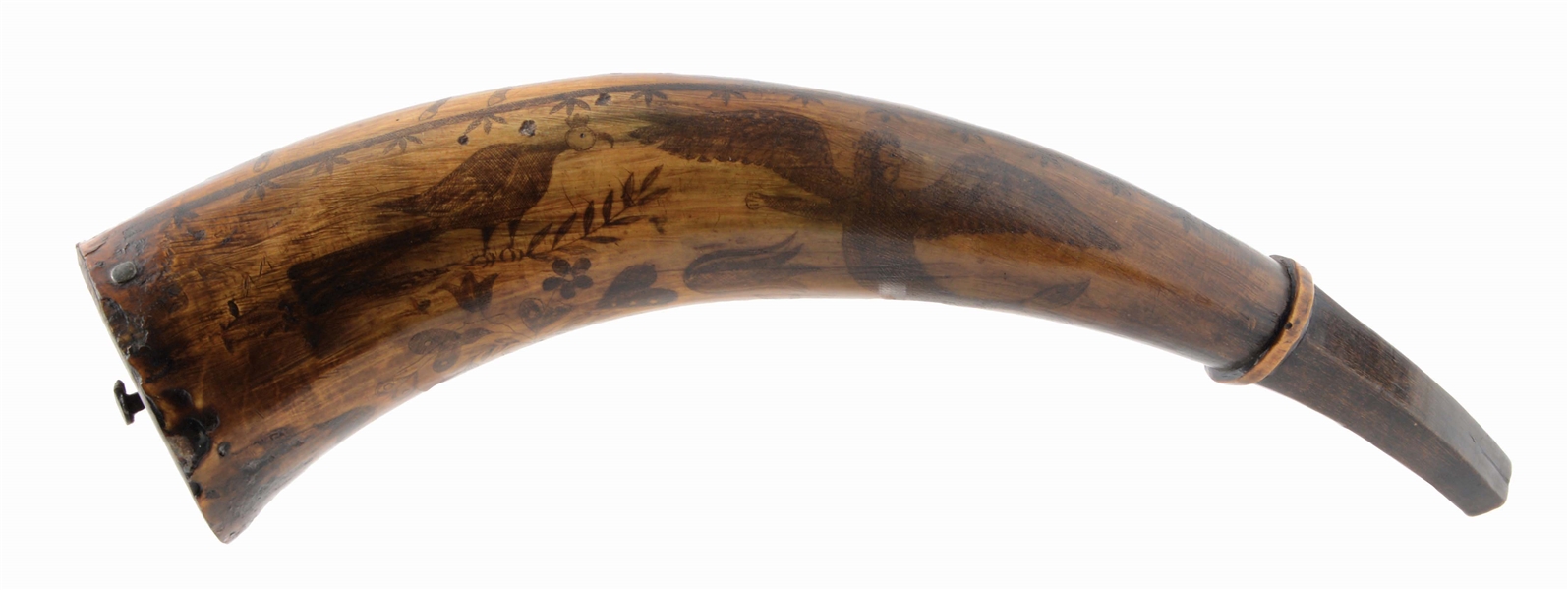 FOLK ART LANCASTER, PA ATTRIBUTED POWDER HORN ENGRAVED WITH A MOUNTED SOLDIER..