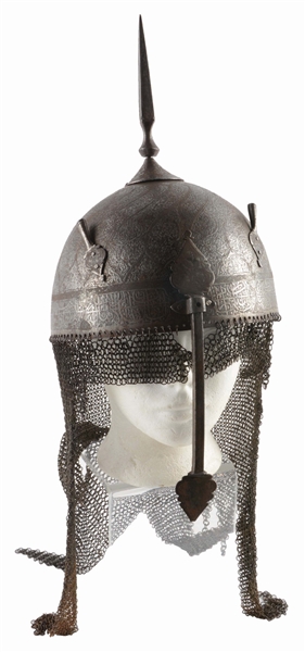 A 19TH CENTURY PERSIAN QAJAR HELMET "KULAH KHUD" ETCHED AND SILVER DAMASCENED.