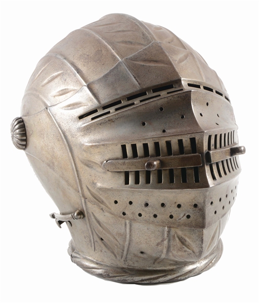 A FINE CLOSED HELMET IN THE STYLE OF 1540, WITH FINELY FLUTED ONE PIECE SKULL, FINELY FORGED AND PIERCED VISOR, POSSIBLY PERIOD.