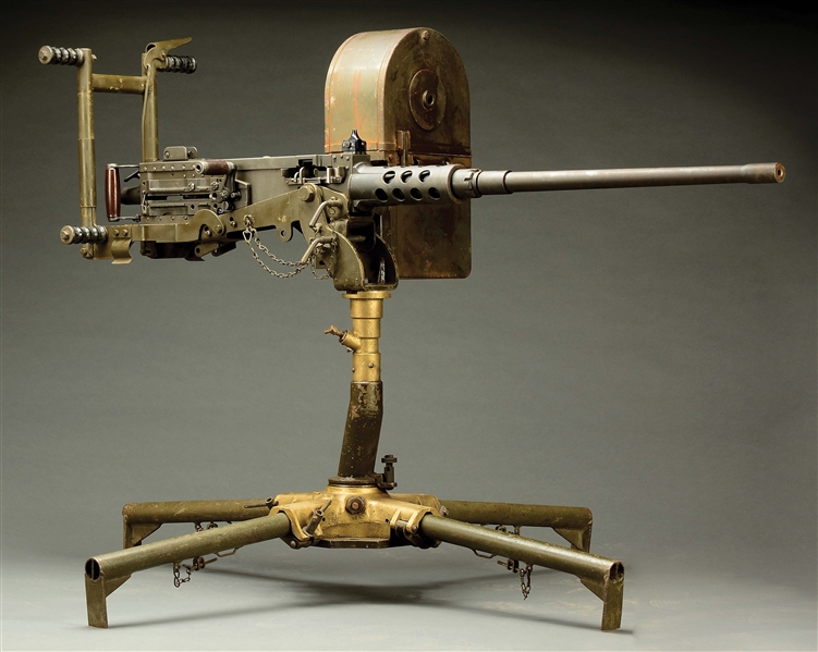 (N) HIGHLY DESIRABLE RAMO BROWNING M2 .50 CAL MACHINE GUN ON STAND-UP GROUND TRIPOD (FULLY TRANSFERABLE).
