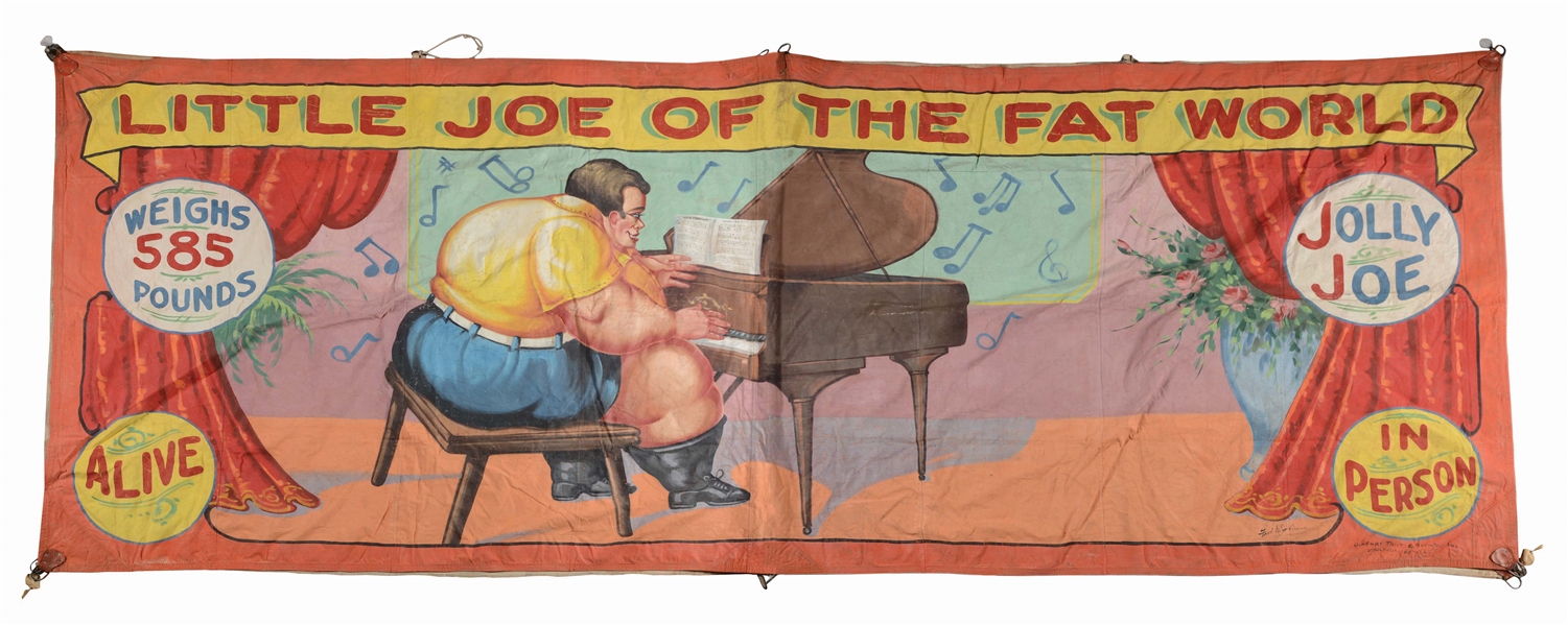 FRED G. JOHNSON "LITTLE JOE OF THE FAT WORLD" CIRCUS BANNER.