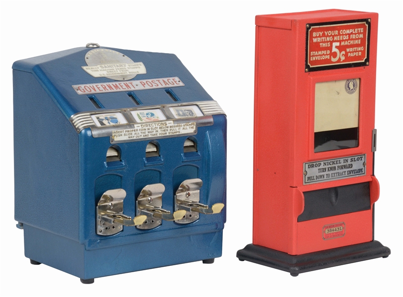 LOT OF 2: GOVERNMENT POSTAGE STAMP MACHINE AND STAMP AND ENVELOPE VENDING MACHINES.