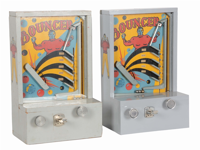 LOT OF 2: 1¢ MIKE MUNVES CO. BOUNCER FLIP-BALL COUNTERTOP ARCADE MACHINE.