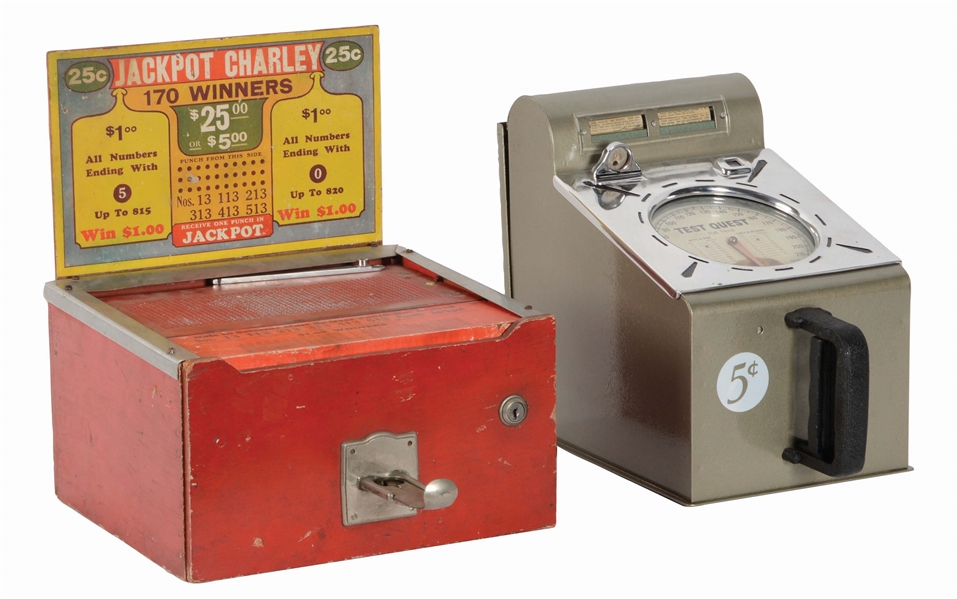 LOT OF 2: 25¢ JACKPOT CHARLEY HOLE PUNCH TRADE STIMULATOR AND TEST QUEST GRIP TESTER.