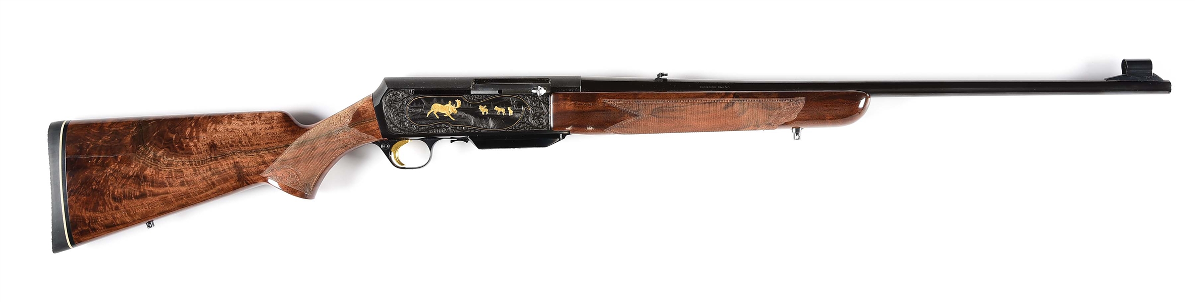 (M) BELGIAN BROWNING GRADE V BAR SEMI-AUTOMATIC RIFLE (7MM REM. MAG.) WITH FINE SCROLL AND INLAID GAME SCENES BY KOWALSKI.